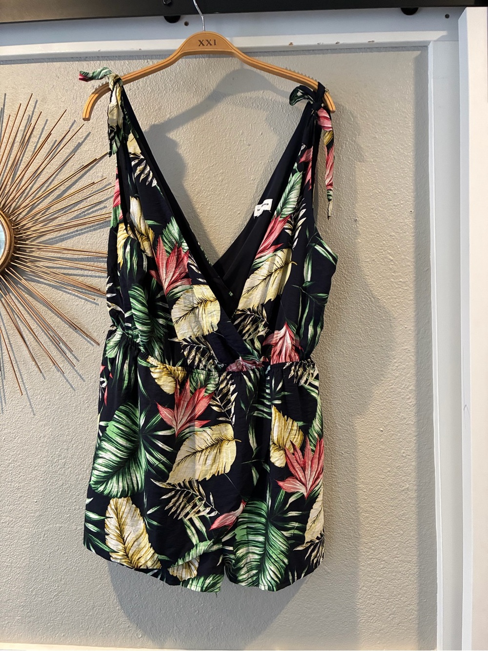 superdown Black Tropical Leaf Print Romper with Pink & Green Accents